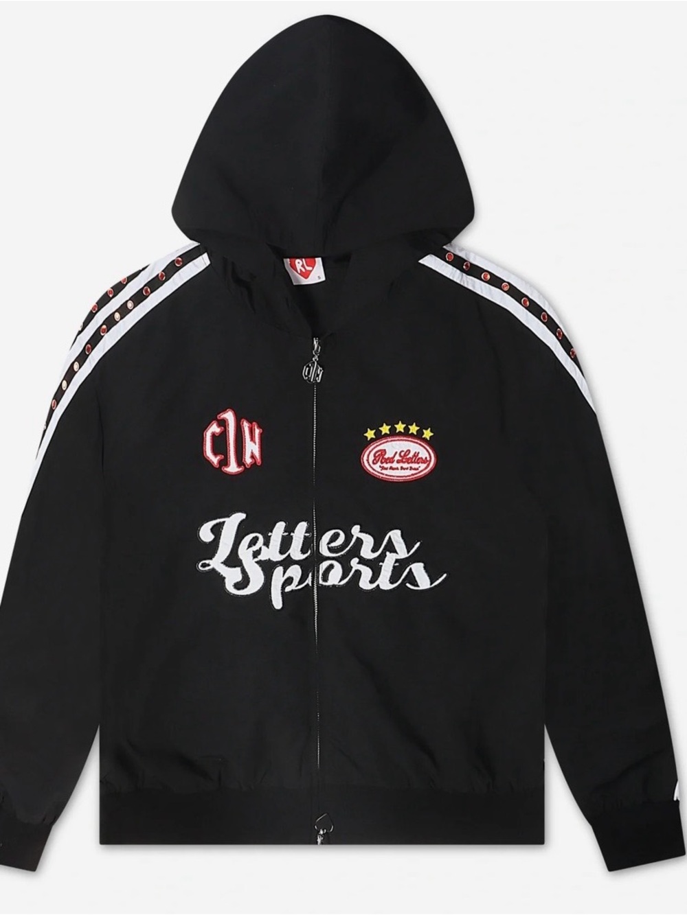 Letters Sports Black Hooded Windbreaker